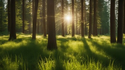 morning in the woods a summer sunny forest with green grass and trees shining in the sunlight summer, sunny,  