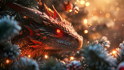 A majestic dragon perches atop a glittering christmas tree, its fiery red eyes and sharp spikes adding a touch of danger to the festive holiday scene - obrazy, fototapety, plakaty