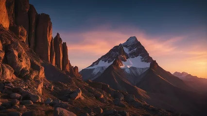 Abwaschbare Fototapete Nachtblau sunset in the mountains a sunset in the snow capped mountains 