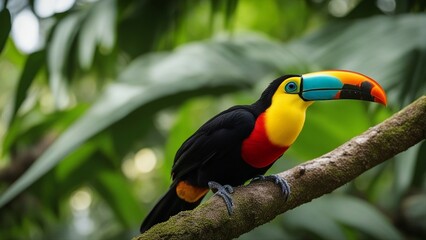 toucan on a branch A toucan sitting on the branch in the forest, green vegetation, Costa Rica. Nature travel  