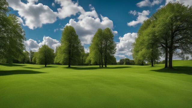 golf course in the morning a spring park with green grass and trees under a blue sky with clouds The photo shows a wide view  