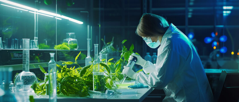 Scientist engrossed in botany research, amidst the glow of innovative green science
