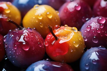  a close up of a bunch of cherries with drops of water on the top and bottom of the cherries.