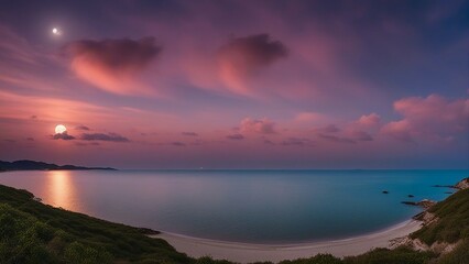 sunset at the beach panorama view of the sea with colorful sky, cloud and bright full moon  