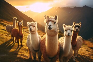 a group of llamas standing on top of a grass covered hill with mountains in the backgroud.