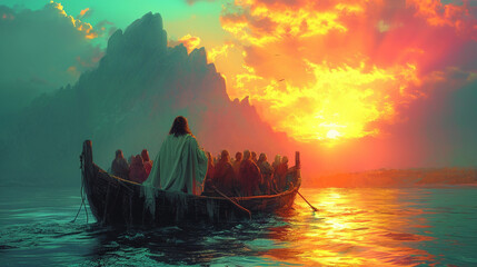 Jesus with his disciples in a boat, sailing on the sea