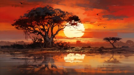  a painting of a sunset over a body of water with a tree in the foreground and birds flying in the background.