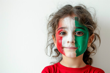 Little child fan of Italy with the face painted with italian colors. Isolated in white background.