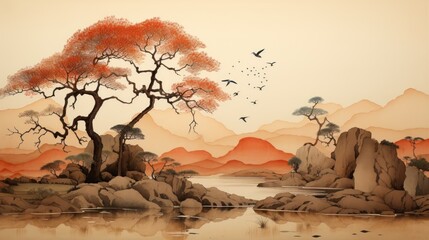  a painting of a landscape with a tree and a body of water with birds flying in the sky above it.