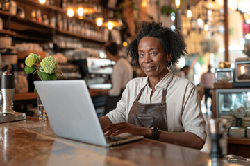 Middle aged black woman owner of small business coffee shop. Mature female using laptop to make order for her cafe