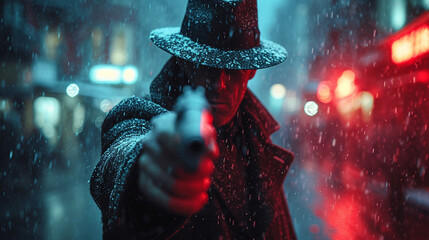 A killer man in a hat holding a gun - obrazy, fototapety, plakaty