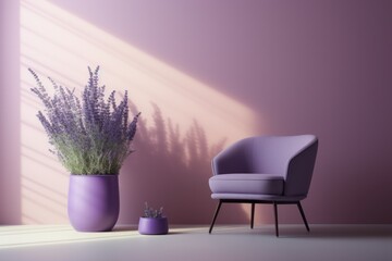  a purple chair sitting next to a purple vase with a plant in it next to a purple vase with a lavender plant in it.