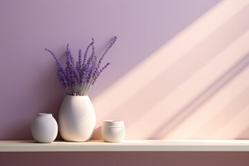  a white vase sitting on top of a shelf next to two white vases with purple flowers inside of it.