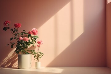  a potted plant sitting on top of a table next to two vases with pink flowers in it on a sunny day.