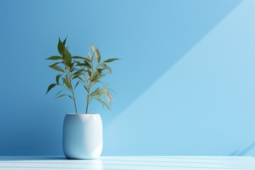 Fototapeta na wymiar a white vase with a plant in it on a white table against a blue wall with a shadow on the floor.