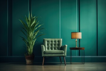  a green chair next to a lamp and a potted plant in a room with a green wall and wooden floor.