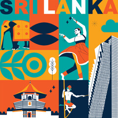 Sri Lanka culture travel set, famous architectures and specialties, flat design. Asia business travel and tourism concept clipart. Image for presentation, banner, website, advert, flyer, roadmap, icon