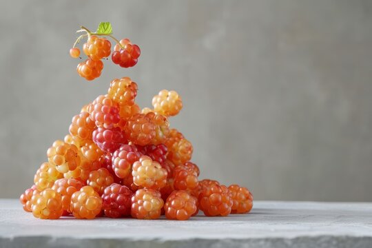 Fresh ripe cloudberries falling onto pile against grey background