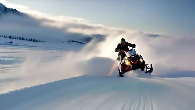 Emotional snowmobiling among snow-capped mountain peaks and crystal clear