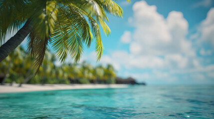 Close-Up of Palm Frond Over Turquoise Waters, Maldives Resort, Vibrant palm leaves with a blurred Maldives resort background for copy space - obrazy, fototapety, plakaty