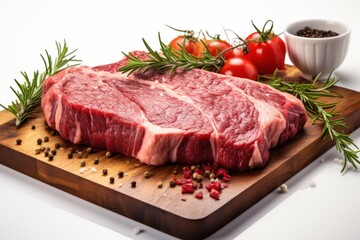  a piece of meat sitting on top of a cutting board next to a bowl of tomatoes and peppercorst.