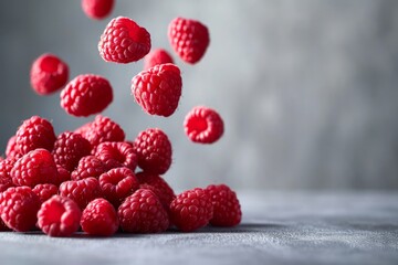 Fresh ripe raspberries falling onto pile against grey background