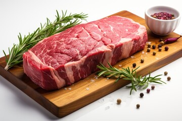  a piece of meat sitting on top of a wooden cutting board next to a bowl of seasoning and a sprig of rosemary.