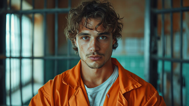 A prisoner in a prison uniform, in a prison corridor