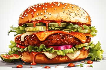  a hamburger with lettuce, tomato, pickles and ketchup on a bun with cheese and lettuce.