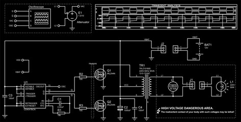 Vector drawing of electrical circuit with oscilloscope, voltmeter,
transformer, incandescent lamp and other electronic components. Time diagrams
of circuit signals. Transient analysis.
