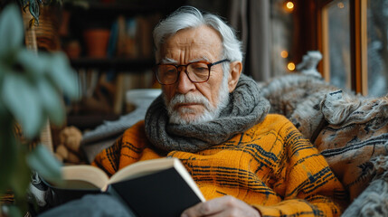 Obraz premium Senior man reading a book on a sofa with a cozy blanket