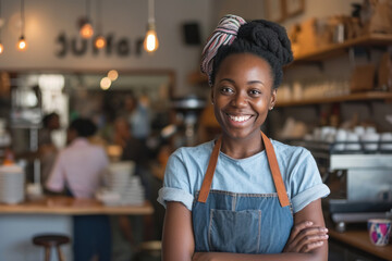 Portrait of a happy black woman standing in her cafe. Cheerful African American waitress wearing casual apron serves clients in restaurant - obrazy, fototapety, plakaty