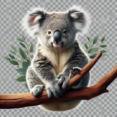 Cute Cuddly Curious Isolated Portrait of Exotic Wild Australian Native Mother Koala Bear, Phascolarctos cinereus Animal Sitting on a Eucalyptus Tree Branch Outdoor Wildlife with Transparent Background