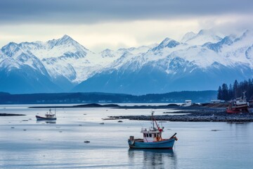  a couple of boats floating on top of a body of water next to a snow covered mountain range in the distance.
