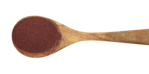 Aronia berries in powder with wooden spoon isolated on white, top view
