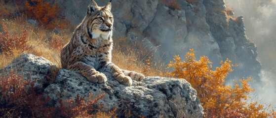 The Eurasian lynx in nature. Lynx lynx. Naturalistic illustration. Wildlife in its natural habitat. - obrazy, fototapety, plakaty