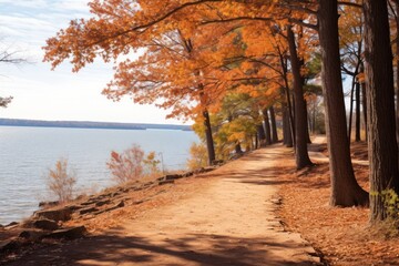  a dirt path next to a body of water with trees on both sides of the path and a body of water in the background.