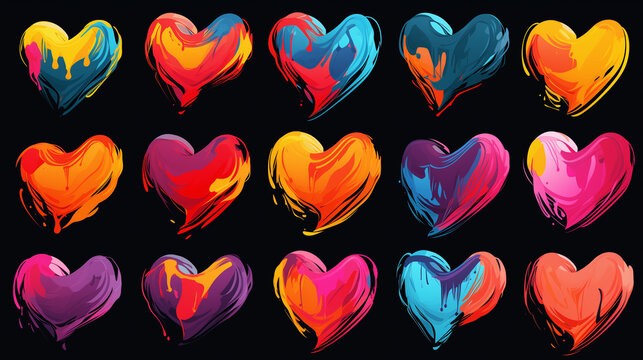 Fifteen painted hearts on black background
