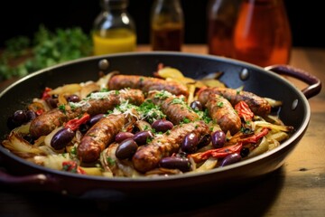  a pan filled with sausages and onions on top of a wooden table next to a bottle of olive oil.