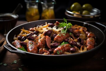  a close up of a pan of food on a table with olives and a glass of wine in the background.