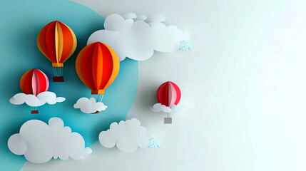 Obraz premium Paper cut hot air colorful balloons on blue sky with clouds. origami paper cut art style. copy space.