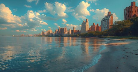 view of new york city over the water. city skyline at sunset