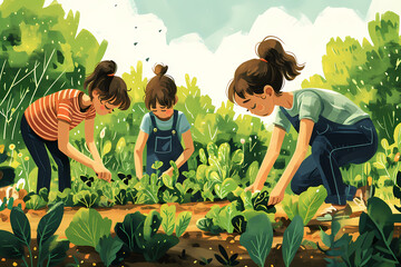 Amidst the vibrant sky and flourishing plants, a group of girls adorned in colorful clothing create a masterpiece in the form of a vegetable garden, using their passion for painting and drawing to br - obrazy, fototapety, plakaty