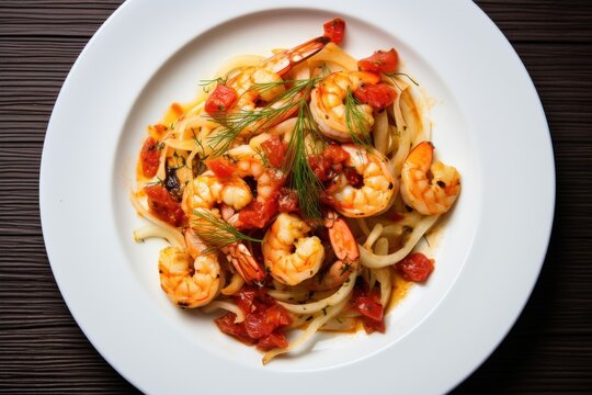  a close up of a plate of food with pasta and shrimp on a wooden table with a wooden table in the background.