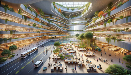 Futuristic Ecological Indoor Plaza with Lush Greenery and Modern Design - obrazy, fototapety, plakaty