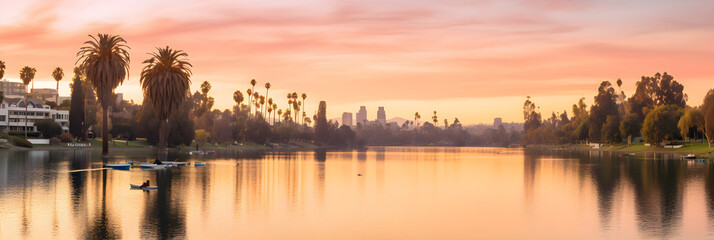 Tranquil Sunset over Echo Park Lake with Swan Boats Docking-Palm Trees Silhouetted against LA...