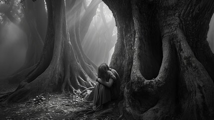 Couple sad in black and white forest - obrazy, fototapety, plakaty