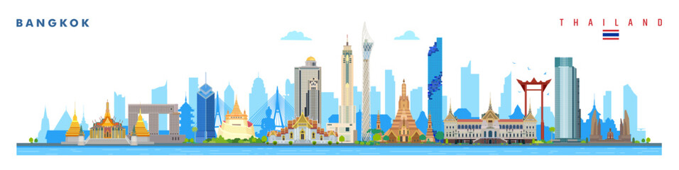 View of Bangkok, Thailand with temple and city skyline with world famous landmarks vector illustration