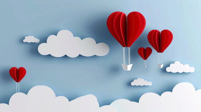 Heart shaped paper cut hot air balloons flying in the clouds with sky blue background. 
