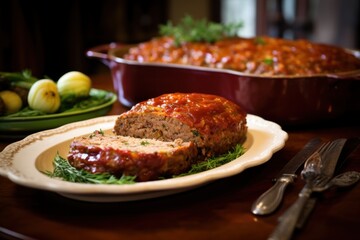  a meatloaf on a plate next to a casserole dish and utensils on a table.